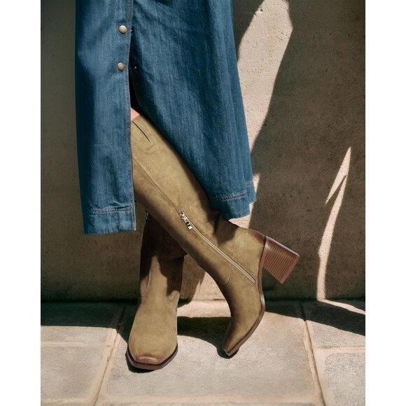 Women Dusty Green Polyurethane Knee High Square Toe Side Zipper Block Heel Boot - Picture 2 of 9